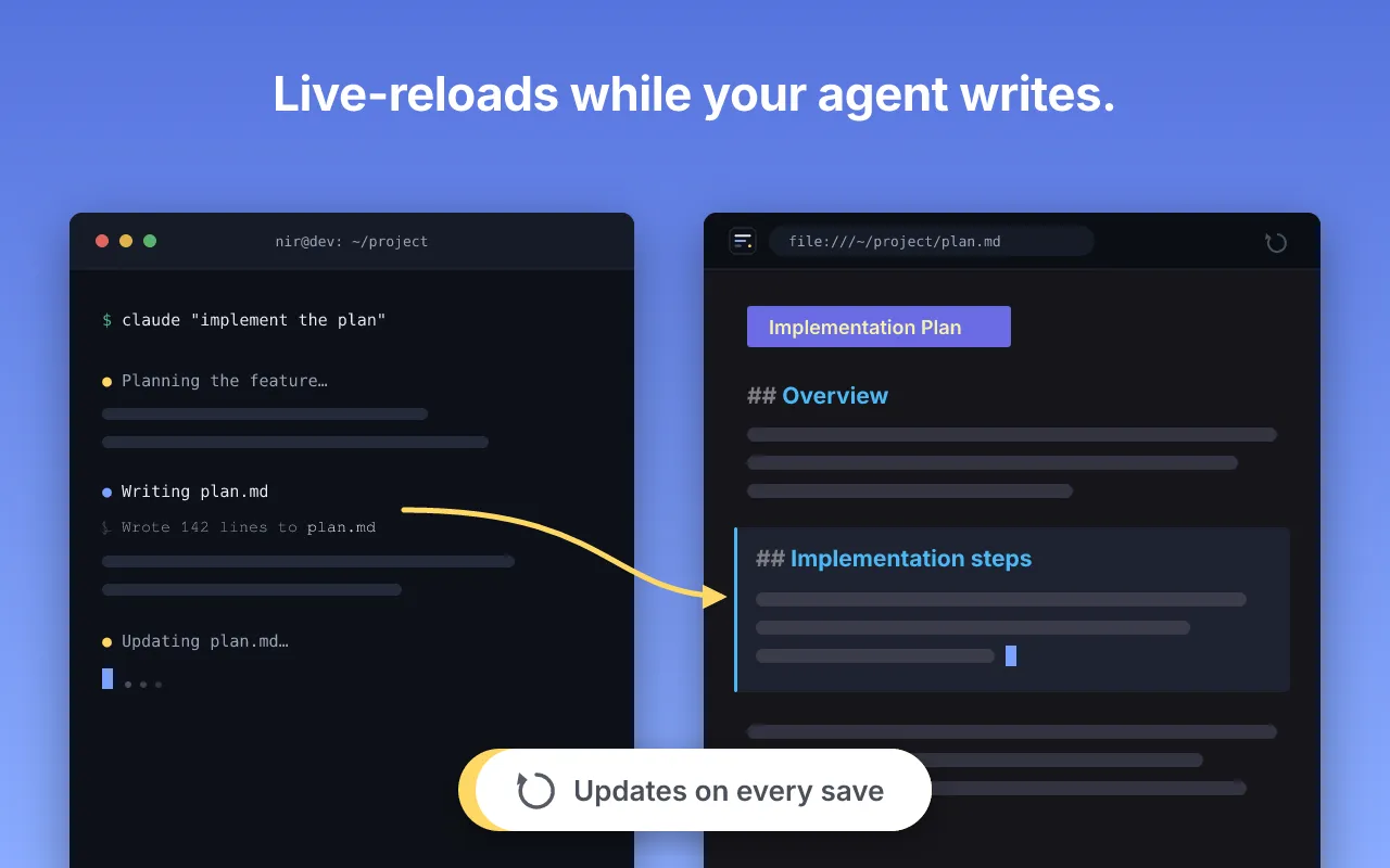 Skim live-reloading a plan.md as an agent writes it