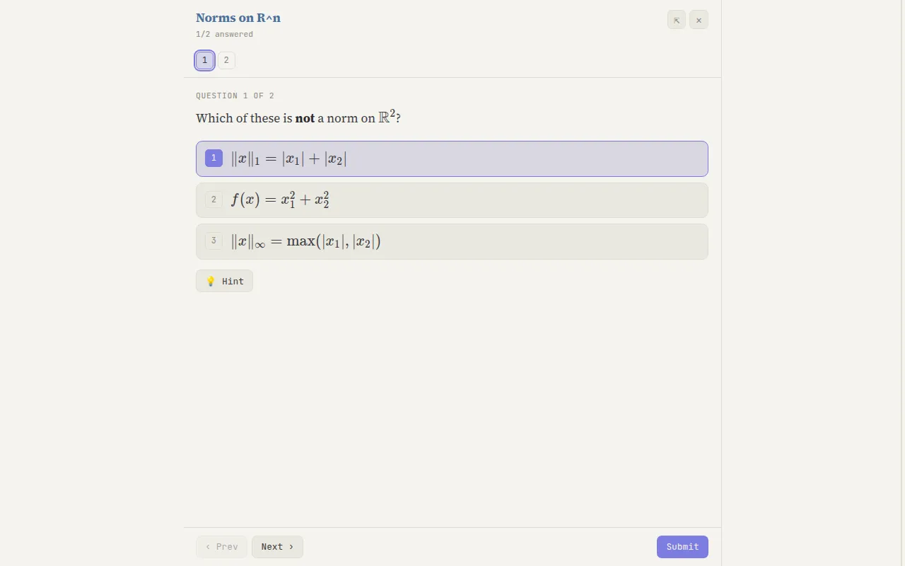 An interactive markdown quiz rendered fullscreen in Skim's light theme: an English multiple choice question with LaTeX answer choices and a hint button
